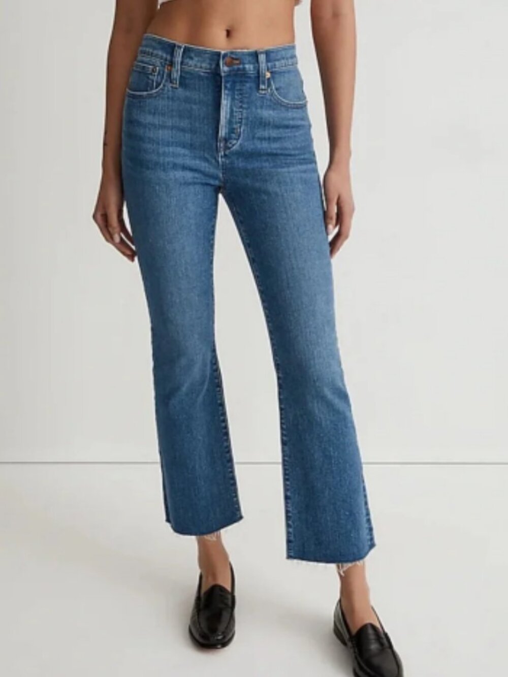 Madewell Medium Wash Mid Rise Kickout Crop Jeans with Frayed Hem